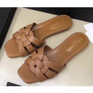 Saint Laurent Slide Sandal In Leather With Intertwining Straps Camel 2018