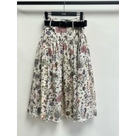 DIOR White Cotton Muslin with Multicolor Dior Cabinet de Curiosités Motif Mid-Length Belted Skirt 2025