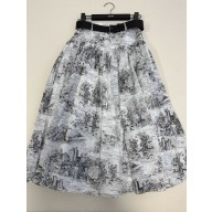 DIOR White Cotton Muslin with Black Toile de Jouy Scotland Motif Mid-Length Belted Skirt 2025