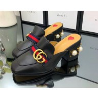 Gucci Calfskin Leather 7.5cm heel Web Details Pearls Trim Slipper black