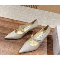 Jimmy Choo Bing embellished Pumps Glitter Silver with Crystal Embellishment heel 5cm 1104-2024