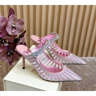 Jimmy Choo Bing Macaron Suede Mules Crystal stripe mesh pink heel 8.5cm 1104-2024