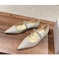 Jimmy Choo Bing Pump Flat Macaron Glitter Silver with Crystal Embellishment  1104-2024