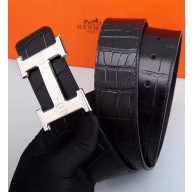 Hermes calfskin leather Crocodile belly lines 3.8cm Belt(99-72401)