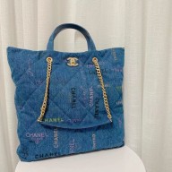 CHANEL Printed Denim & Gold-Tone Metal blue & Multicolor Maxi Shopping Bag 2022