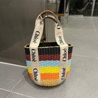 Cheap Sale Chloe woody striped Small raffia basket bucket bag 2023