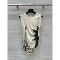 DIOR Black and White Cotton Jersey with Paris Motif Asymmetric Tank Top 2024
