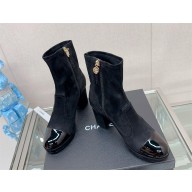 Chanel Heel 8.5cm Suede Kidskin & Patent Calfskin Short Boots G45195 Black 2023
