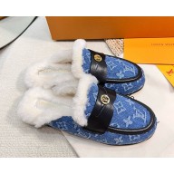 Louis Vuitton Soho Open Back mules with shearling denim blue 2024