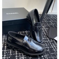 chanel  CC Logo platform patent leather loafer in black 2024