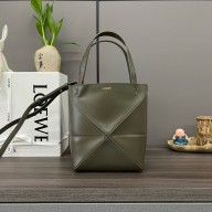 LOEWE Mini Puzzle Fold Tote in shiny calfskin 052322 dark khaki green 2024