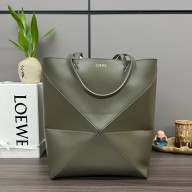 LOEWE Puzzle Fold Tote in shiny calfskin 052316 dark khaki green 2024