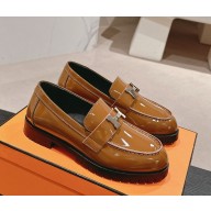 Hermes British style H buckle patent leather loafers brown  1115-2024