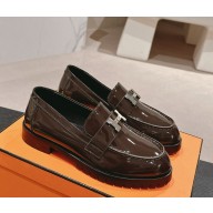 Hermes British style H buckle patent leather loafers coffee 1115-2024