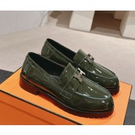Hermes British style H buckle patent leather loafers green  1115-2024