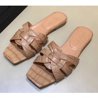 Saint Laurent Slide Sandal In Crocodile Textured With Intertwining Straps Camel 2018
