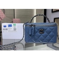 chanel Shiny Crumpled Calfskin, Strass & Ruthenium-Finish Metal Clutch with Chain AP3593 blue 2023
