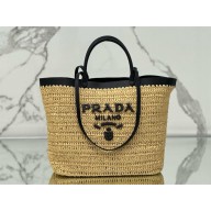PRADA MEDIUM crochet and leather tote bag 1BG499 Tan/Black 2024