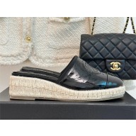 Chanel Black Leather CC Cap Toe Espadrille Mules 2023