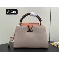 LOUIS VUITTON Capucines MM bag IN Taurillon leather M12956 Galet Gray/Tan Brown/Chocolate Brown 2025