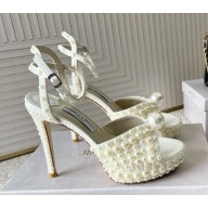 Jimmy Choo Sacaria Platform 105 White Satin Platform Sandals with All-Over Pearl Embellishment 2024ss
