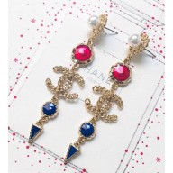 Chanel Long Earrings with CC and Triangle Pendant AB0281 Gold/Red/Blue 2018
