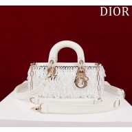 Dior Medium Lady D-Joy Bag in white Fabric Embroidered with Glass-Bead Fringe 2024
