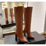 Saint Laurent Heel 9.5cm Mina Buckle Booties calfskin brown 2024