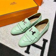 Hermes Leather royal Loafers with fringe mint green