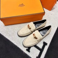 Hermes suede Leather kelly Loafers off white