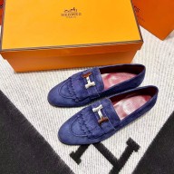 Hermes suede Leather royal Loafers with fringe Blue