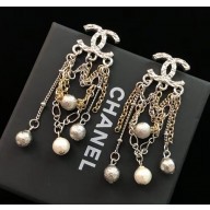 Chanel CC Earrings with Chain and Beads Pendant Silver/Gold/Pearly White 2018