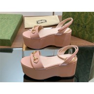 Gucci Women's Horsebit flatform sandal in nude pink leather 794358 2024
