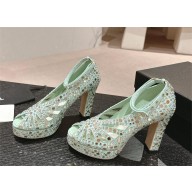 CHANEL HEEL 11CM Strass & Suede Kidskin sandals G45455 SILVER/GREEN 2024