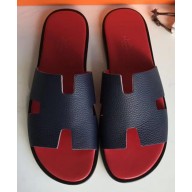 Hermes Izmir Men's Slipper Sandals in Togo Calfskin Blue/Red