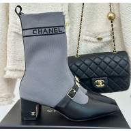Chanel socks boot in blue calfskin/knit wool thread 1023-2024