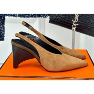 Hermes women's pointed-toe suede leather in brown heel 7.5cm 1023-2024