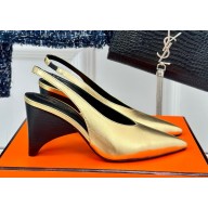 Hermes women's pointed-toe calfskin in gold heel 7.5cm 1023-2024