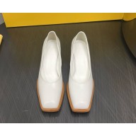 Fendi SQUARE TOE CHUNKY LOW HEEL PUMP calfskin in white heel 5cm 2024