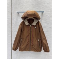 MIU MIU BROWN Technical fabric hoodie jacket 2025