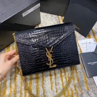 Saint Laurent Cassandra Monogram Clasp Bag in Crocodile Embossed Shiny Leather 532750 Black