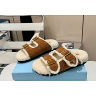 Prada women's strap slides suede leather slippers with shearling brown 2024