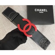 Chanel Width 5.3cm Leather Belt Black Gabrielle with Red CC Logo