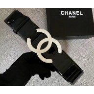 Chanel Width 5.3cm Patent Leather Belt Black with White CC Logo