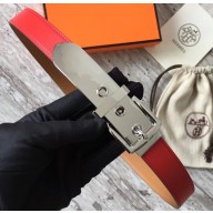 Hermes Square Buckle Leather Belt Red/Silver