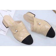 Chanel Heel 3cm Grosgrain and Calfskin Quilting Mules Apricot 2019
