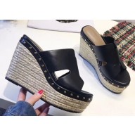 Hermes Calfskin Platform 4cm Wedge Heel 11cm Studded Espadrille Sandals Black