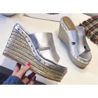 Hermes Calfskin Platform 4cm Wedge Heel 11cm Studded Espadrille Sandals Silver