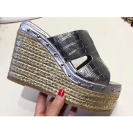 Hermes Croco Pattern Platform 4cm Wedge Heel 11cm Studded Espadrille Sandals Silver