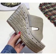 Hermes Croco Pattern Platform 4cm Wedge Heel 11cm Studded Espadrille Sandals Beige